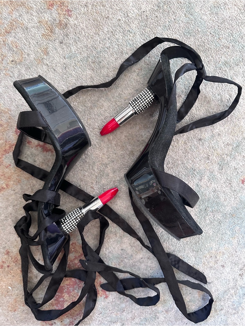 Pleaser Black Patent Platform Lace-Up Heels with Red Lipstick Accent